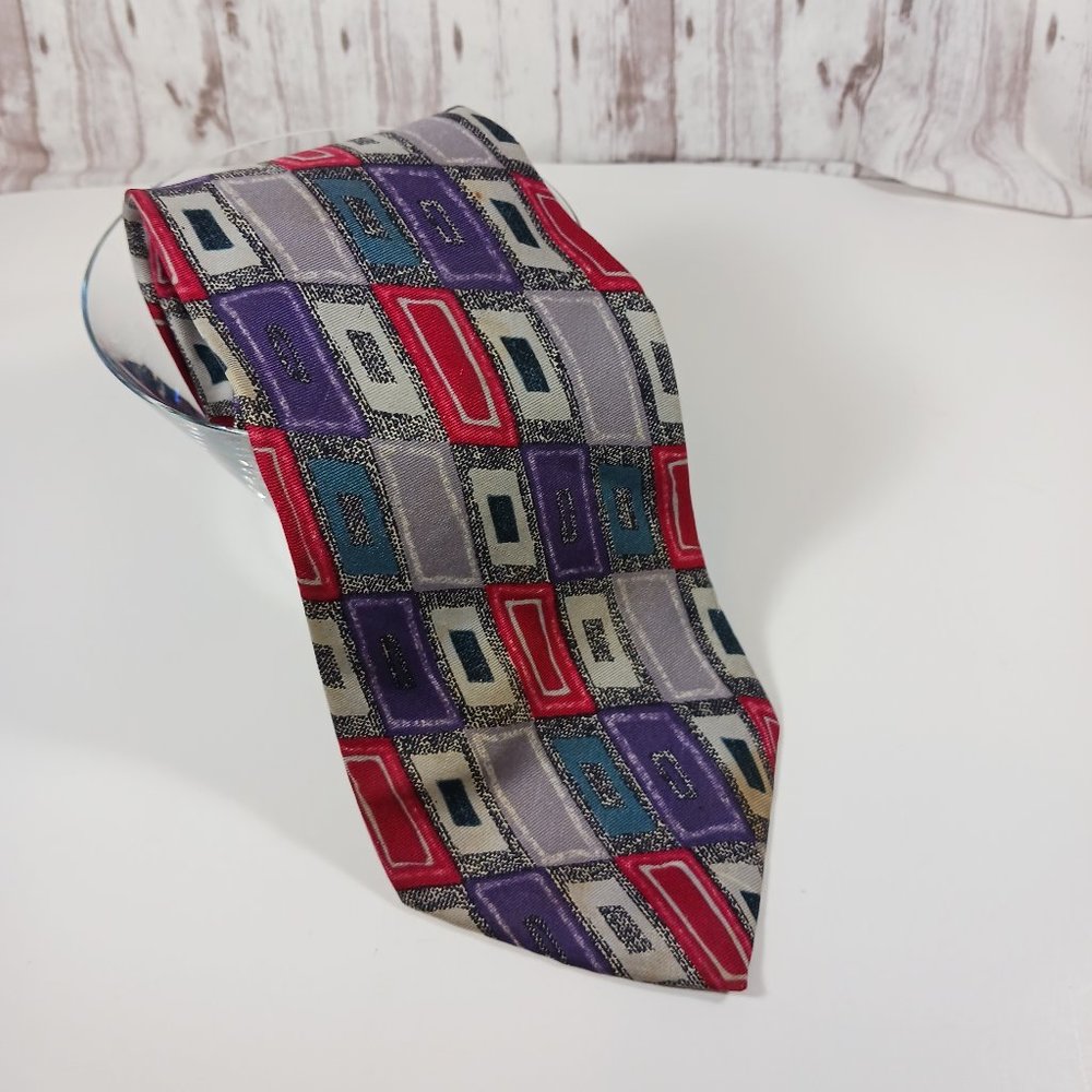 John Weitz Men's Silk Tie Abstract Rectangles Gray Purple Red Vintage Made in US